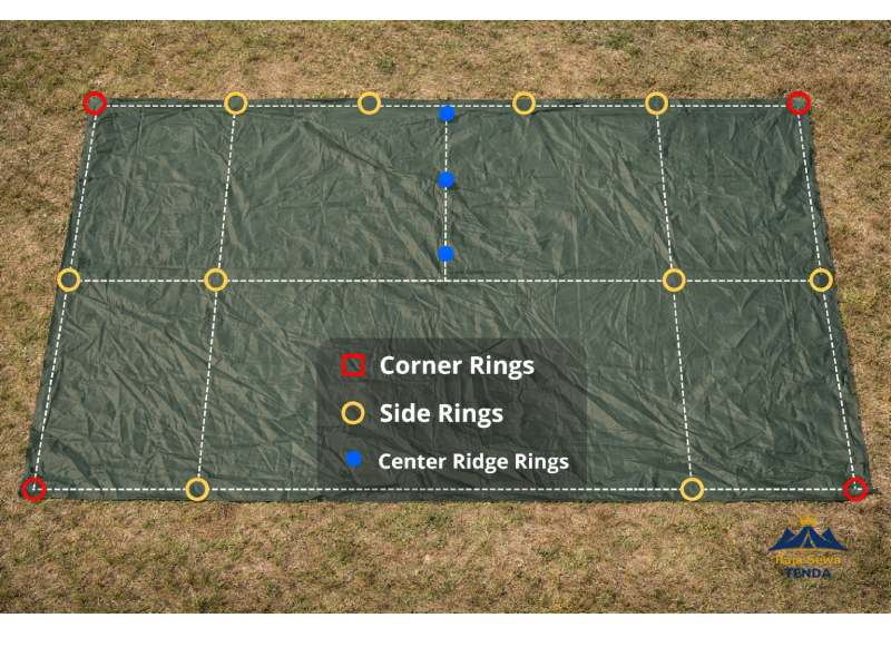 Diagram layout kain tenda pleton di tanah dengan marking posisi ring sudut, ring samping, dan ring center untuk tiang utama