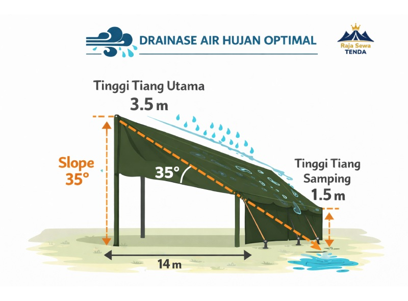 Diagram teknis tinggi tiang utama 3.5m vs tiang samping 1.5m dengan slope 35 derajat untuk drainase air hujan optimal