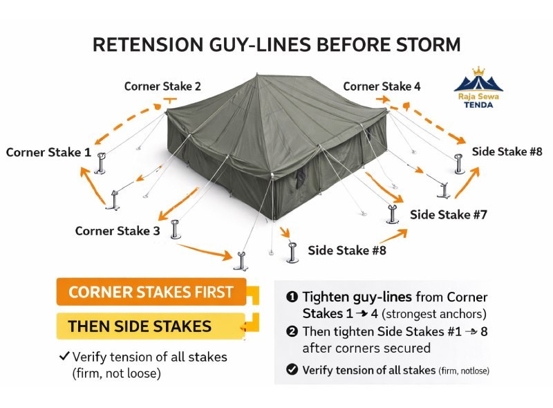 Diagram teknis retension guy-lines tenda pleton sebelum badai: sequence pengencangan dari corner stakes ke side stakes