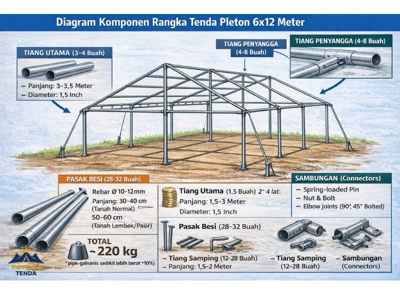 Diagram detail komponen rangka tenda pleton: tiang utama, tiang samping, support poles, pasak besi, dan sambungan connector