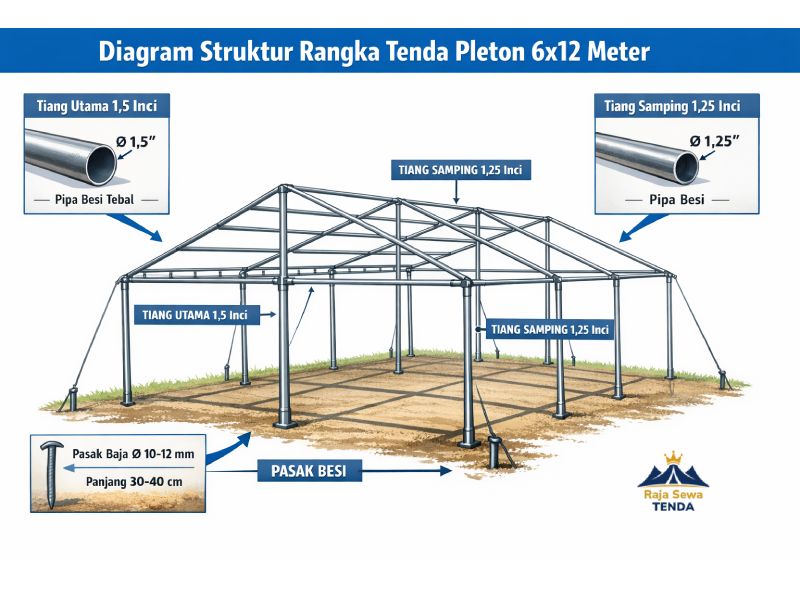 Diagram teknis struktur rangka tenda pleton 6x12 meter dengan detail komponen: tiang utama 1.5 inci, tiang samping 1.25 inci, dan pasak besi
