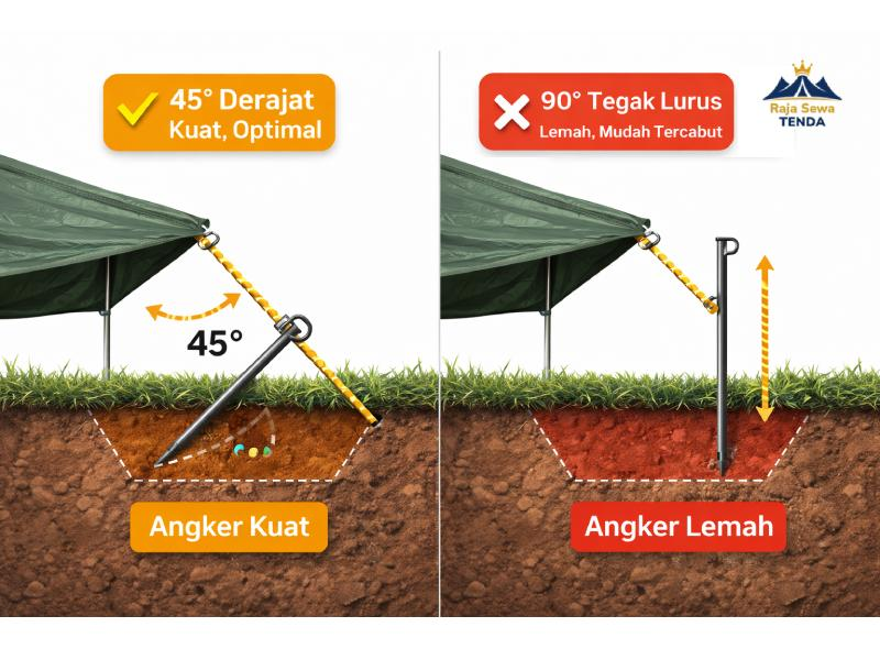 Diagram teknis perbandingan sudut pasak 45 derajat (kuat, optimal) vs 90 derajat tegak lurus (lemah, mudah tercabut)