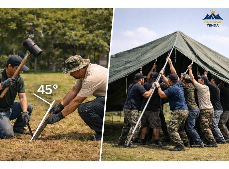 Foto tahapan setup tenda pleton 6x12 meter dengan 10 orang: membentangkan kain, memasang pasak 45 derajat, dan menaikkan tiang utama bersama