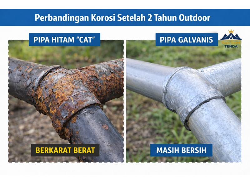 Perbandingan visual korosi pipa hitam vs pipa galvanis setelah 2 tahun outdoor: pipa hitam berkarat berat, galvanis masih bersih