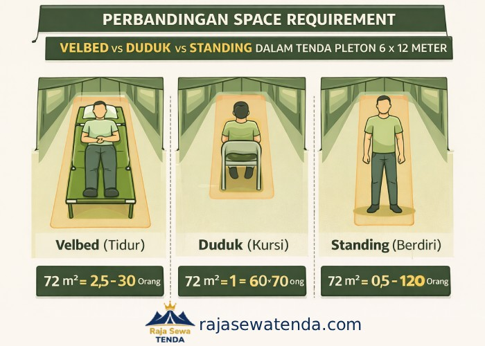 Perbandingan visual space requirement velbed vs duduk vs standing dalam tenda pleton 6x12 meter