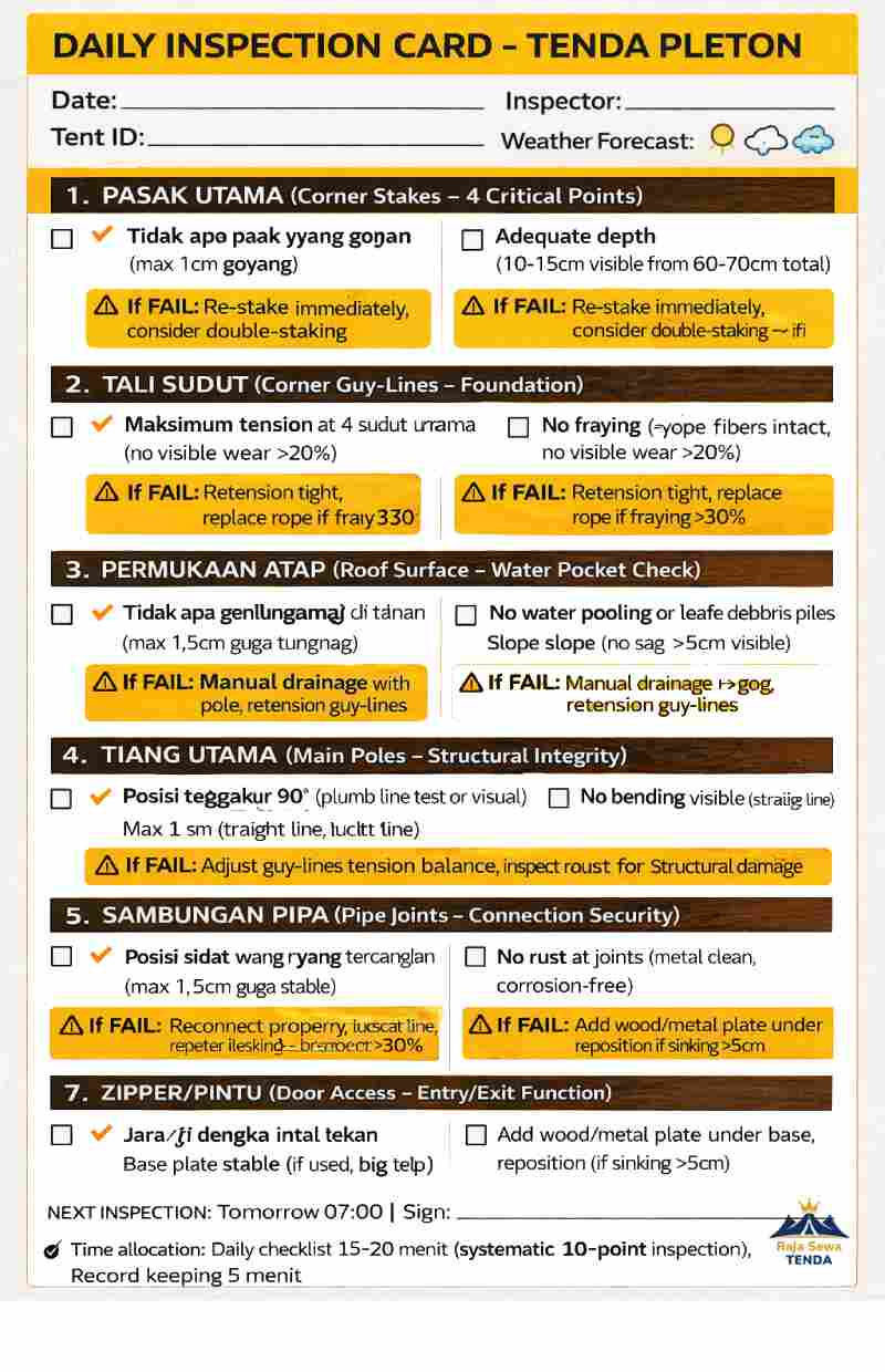 Template daily inspection card untuk koordinator lapangan: 10-point checklist keamanan tenda pleton dengan checkbox dan notes