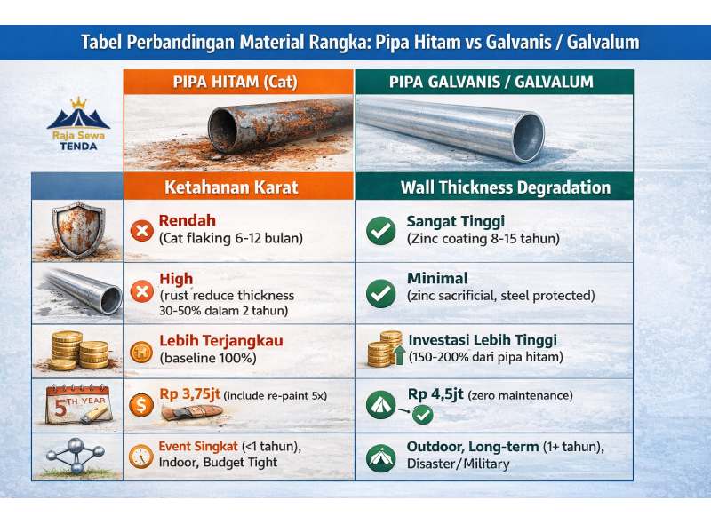 Tabel visual perbandingan pipa hitam vs galvanis: ketahanan karat, TCO 5 tahun, dan structural reliability
